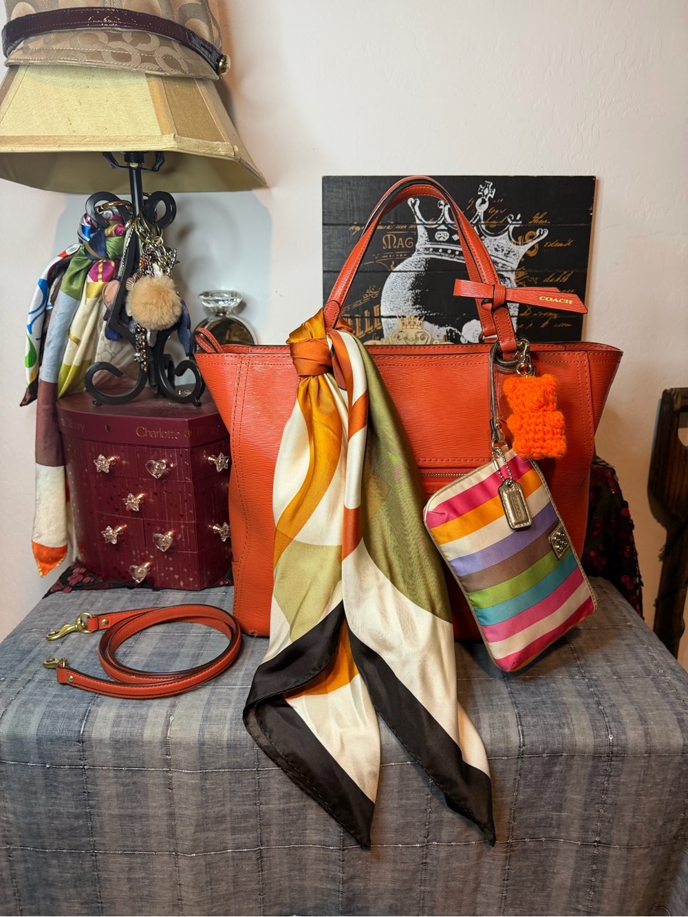 Coach 4pc 2013 Poppy Leather Tote Bag, Legacy Satin Wristlet, Coach Scarf & Bear